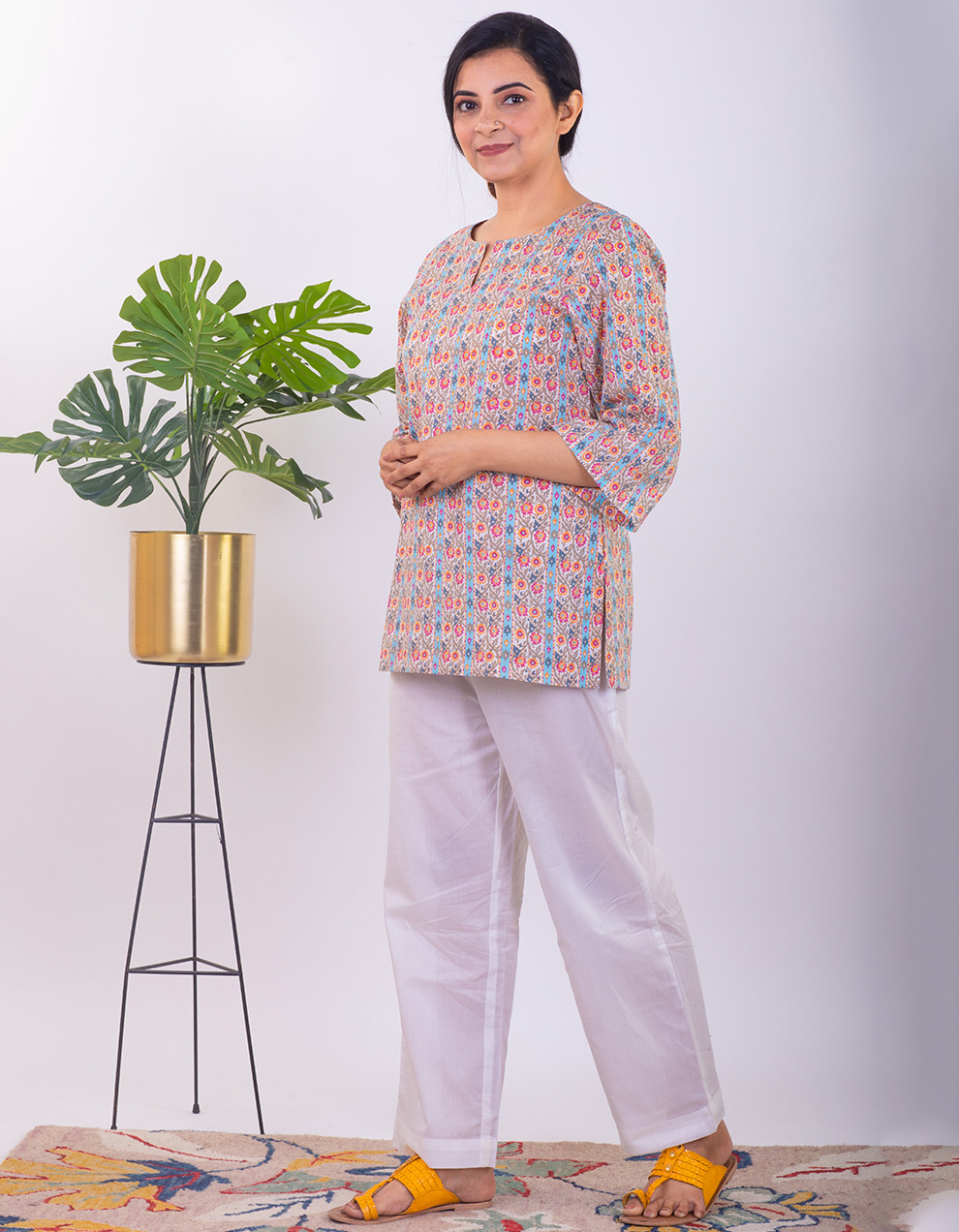 Multicoloured cotton short kurta with pants