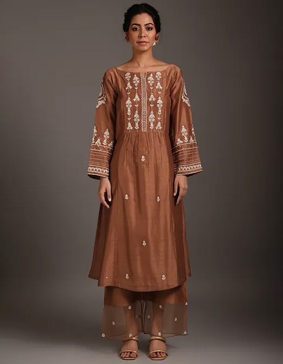 Buy beautiful brown embroidery chanderi silk kurta | Priya Chaudhary